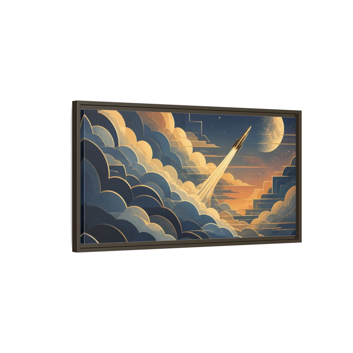 Main Mockup. Art Deco Rocket Ascent shown as framed canvas print