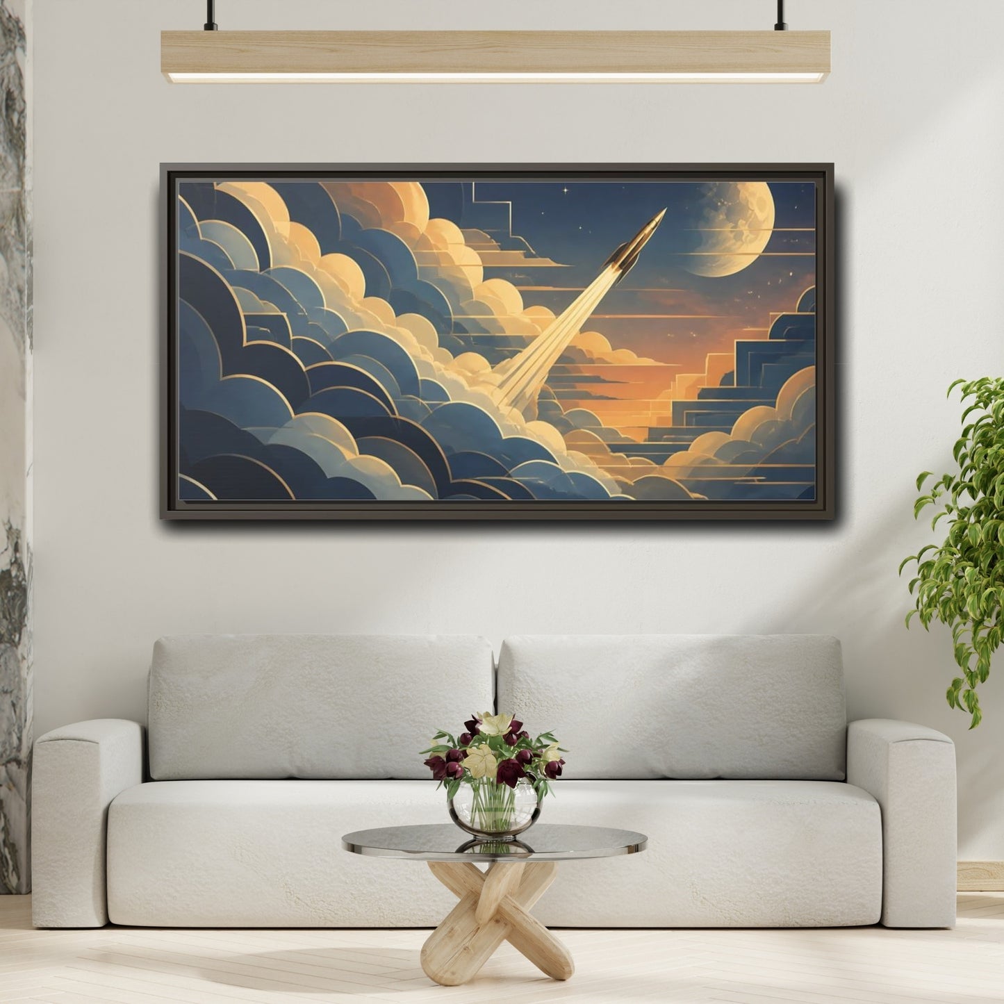 Mockup 2. Art Deco Rocket Ascent shown as framed canvas print