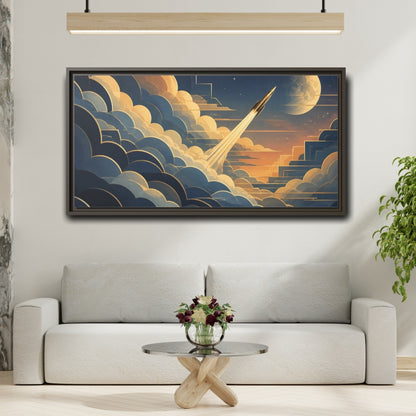Mockup 2. Art Deco Rocket Ascent shown as framed canvas print