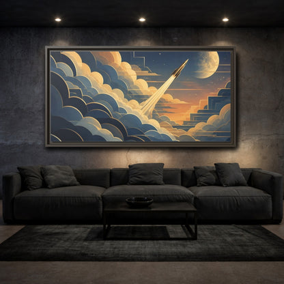 Mockup 3. Art Deco Rocket Ascent shown as framed canvas print