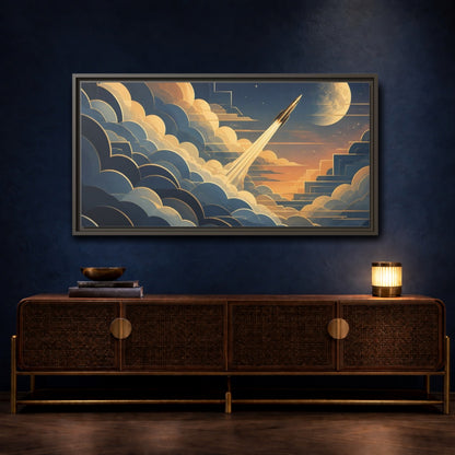 Mockup 4. Art Deco Rocket Ascent shown as framed canvas print