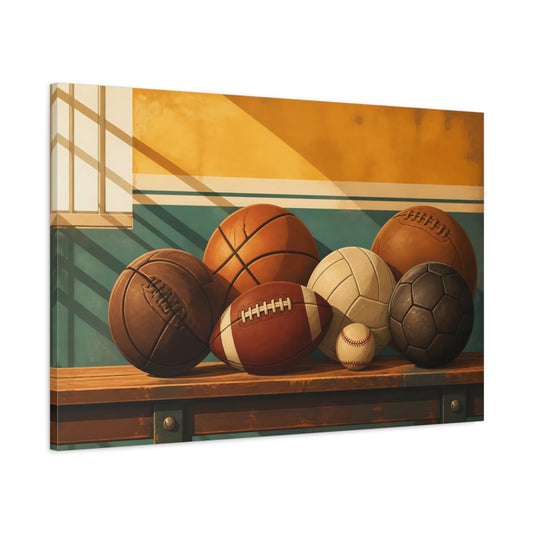 Main Mockup. Assorted Vintage Sports Balls shown as canvas print