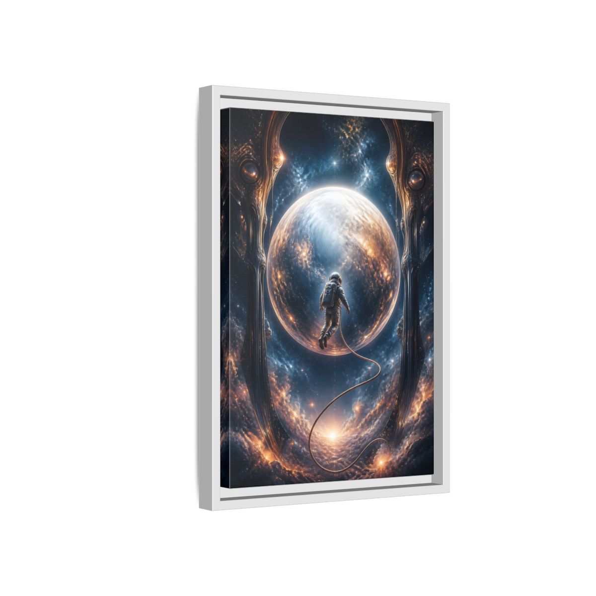 Side Mockup 4. Astronaut Over Luminous Planet shown as framed canvas print