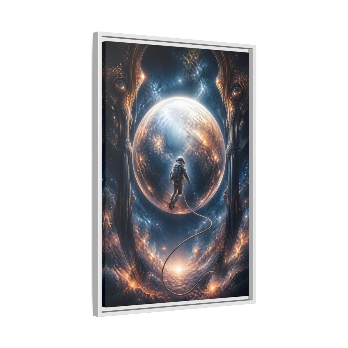 Side Mockup 10. Astronaut Over Luminous Planet shown as framed canvas print