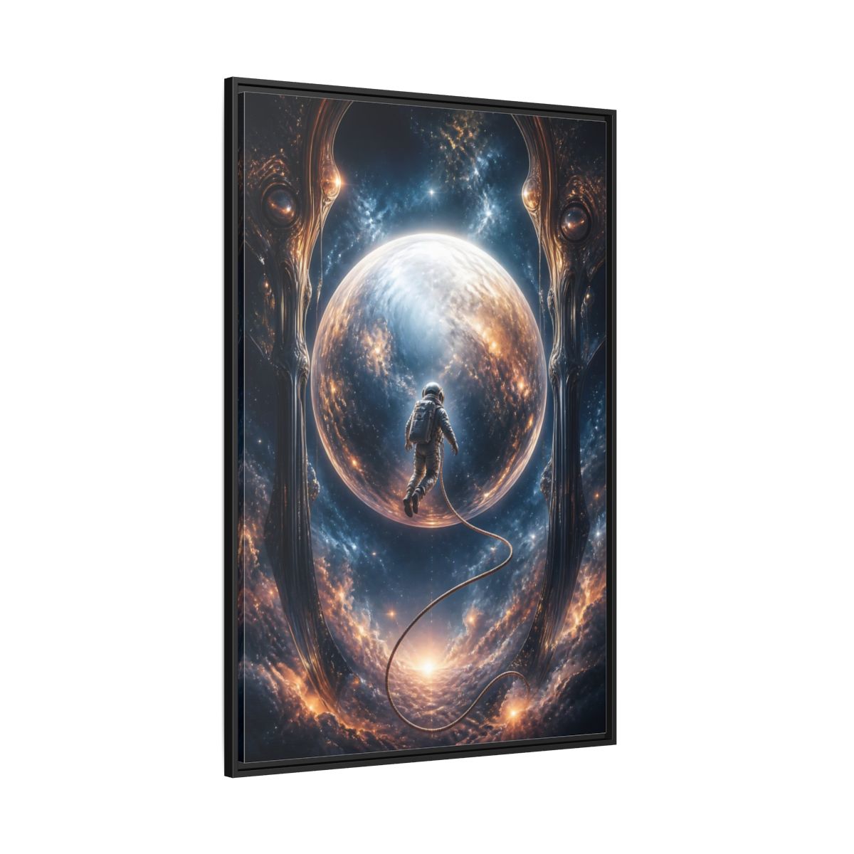 Side Mockup 12. Astronaut Over Luminous Planet shown as framed canvas print