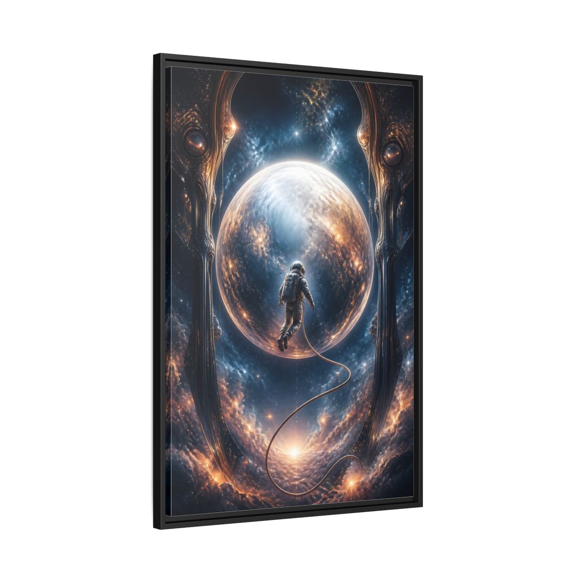 Side Mockup 13. Astronaut Over Luminous Planet shown as framed canvas print