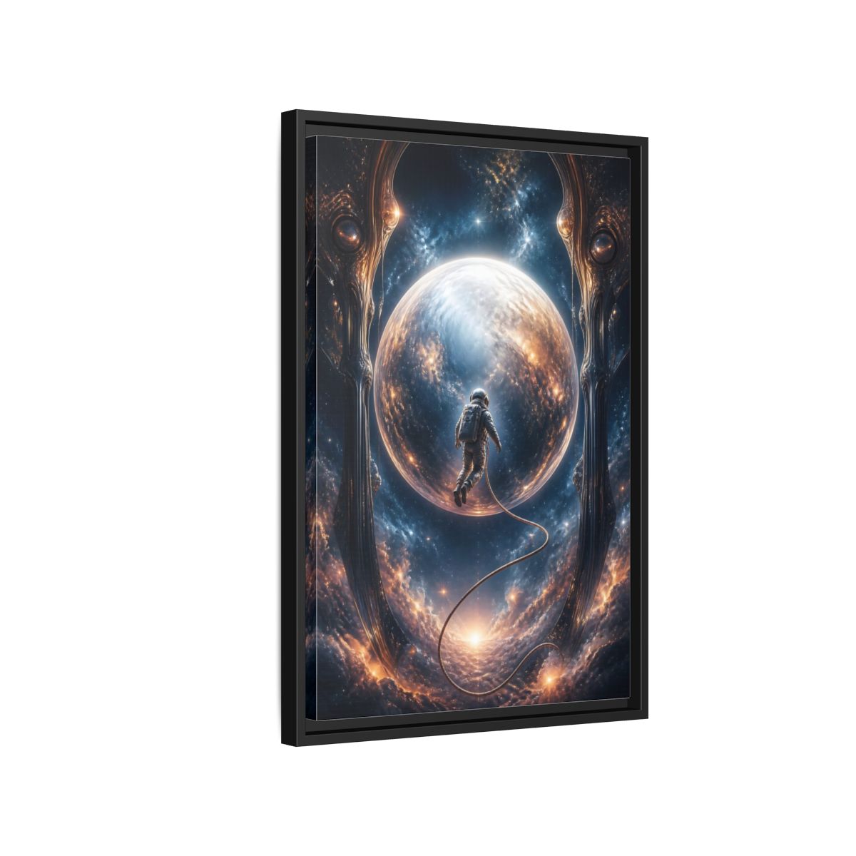 Side Mockup 3. Astronaut Over Luminous Planet shown as framed canvas print
