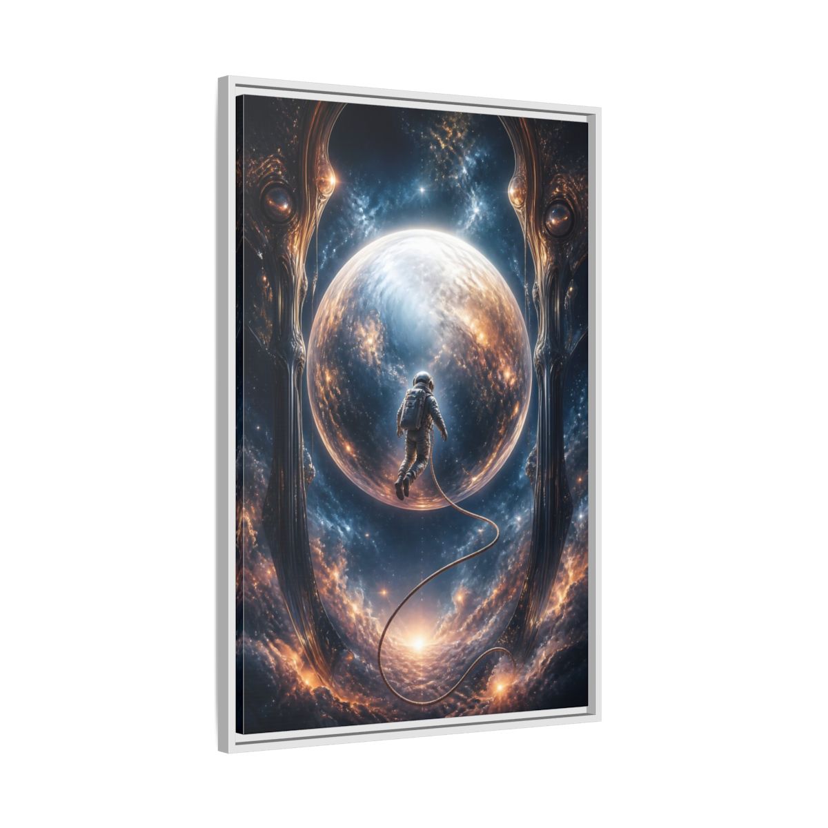Side Mockup 9. Astronaut Over Luminous Planet shown as framed canvas print
