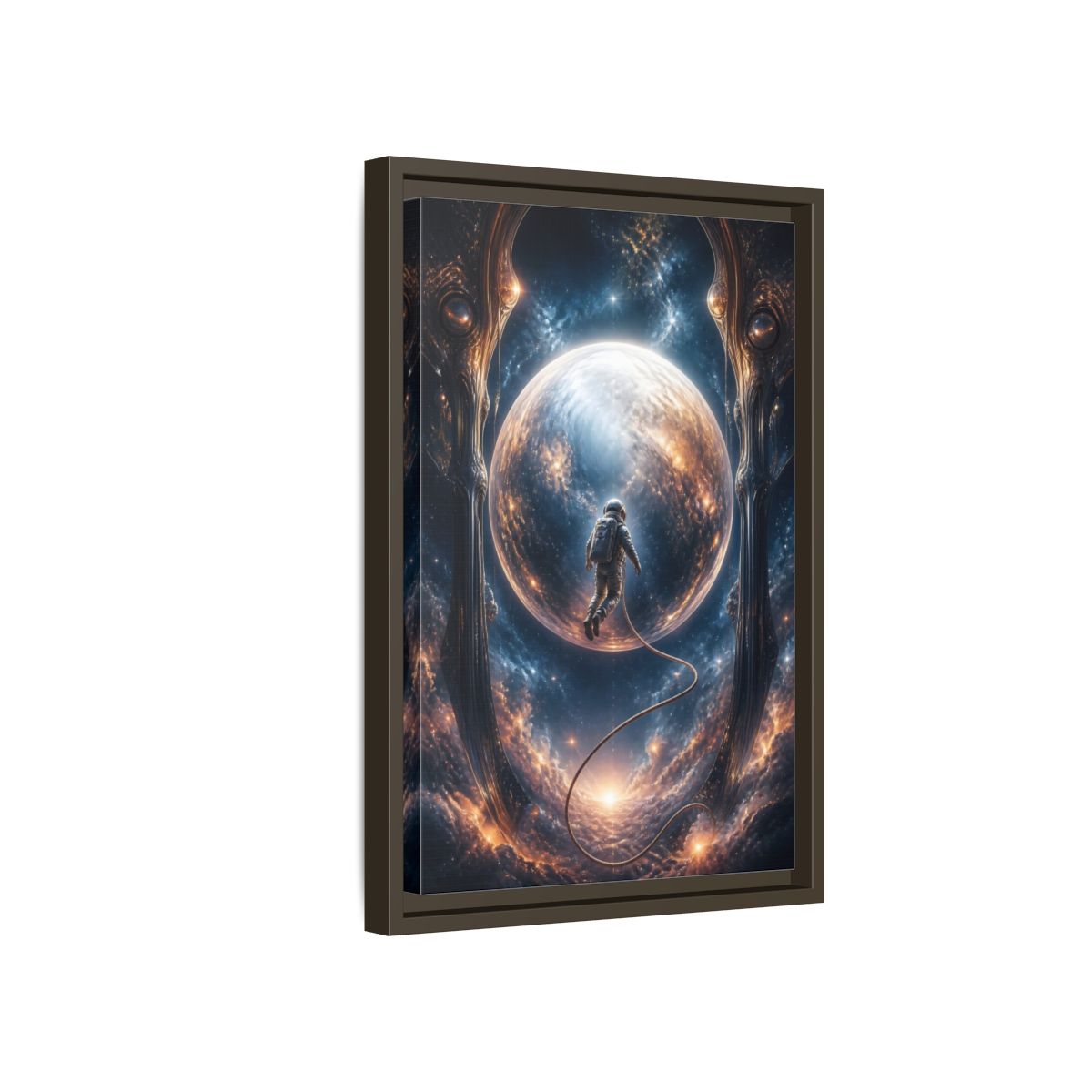 Side Mockup 5. Astronaut Over Luminous Planet shown as framed canvas print