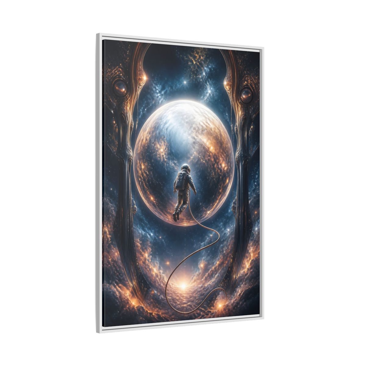 Side Mockup 7. Astronaut Over Luminous Planet shown as framed canvas print