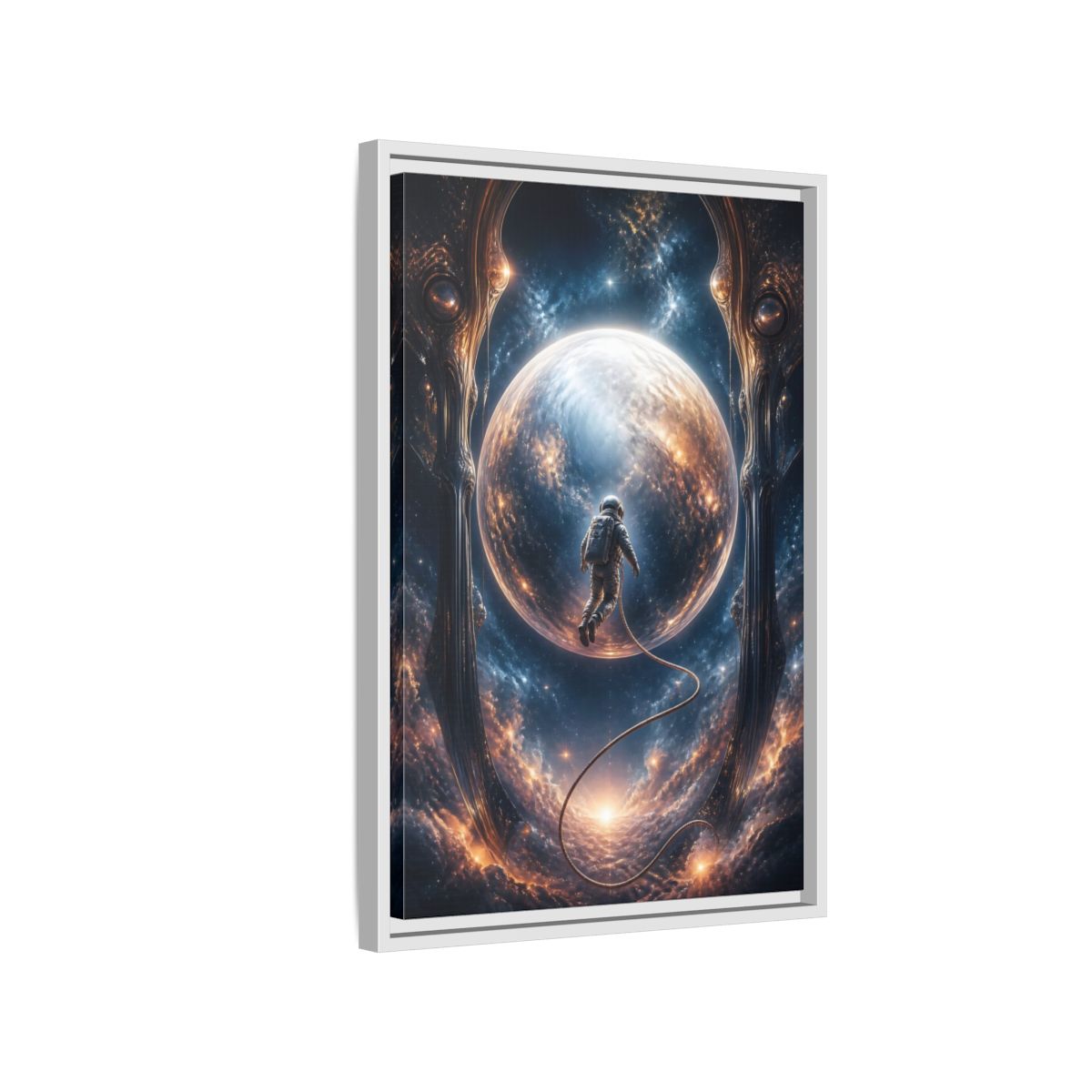 Side Mockup 1. Astronaut Over Luminous Planet shown as framed canvas print