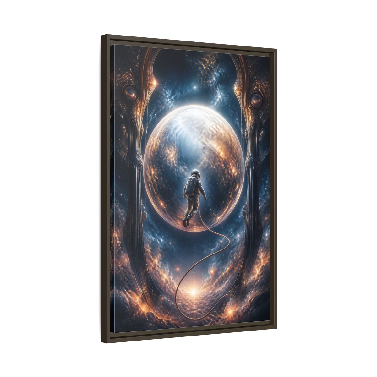 Side Mockup 11. Astronaut Over Luminous Planet shown as framed canvas print