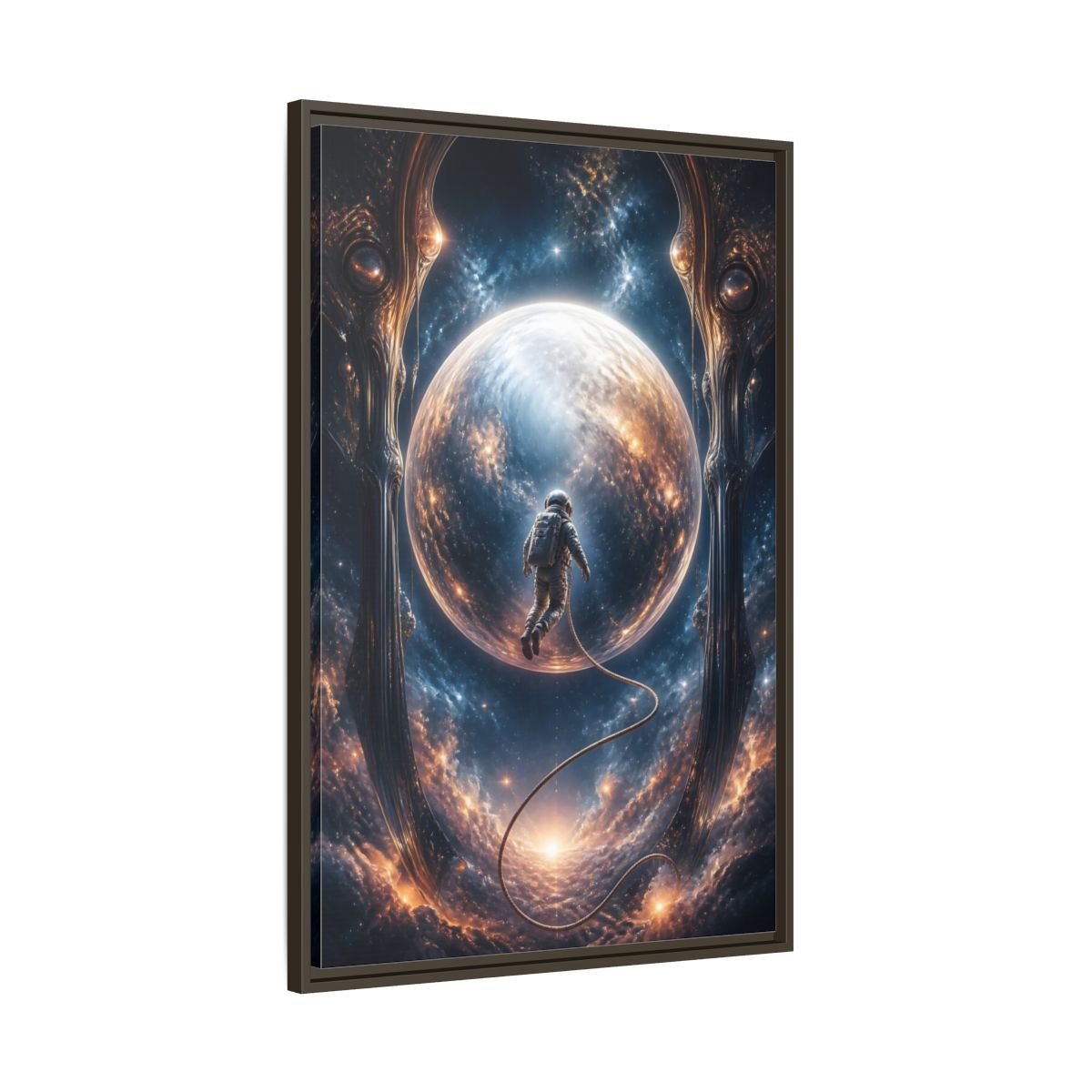 Main Mockup. Astronaut Over Luminous Planet shown as framed canvas print