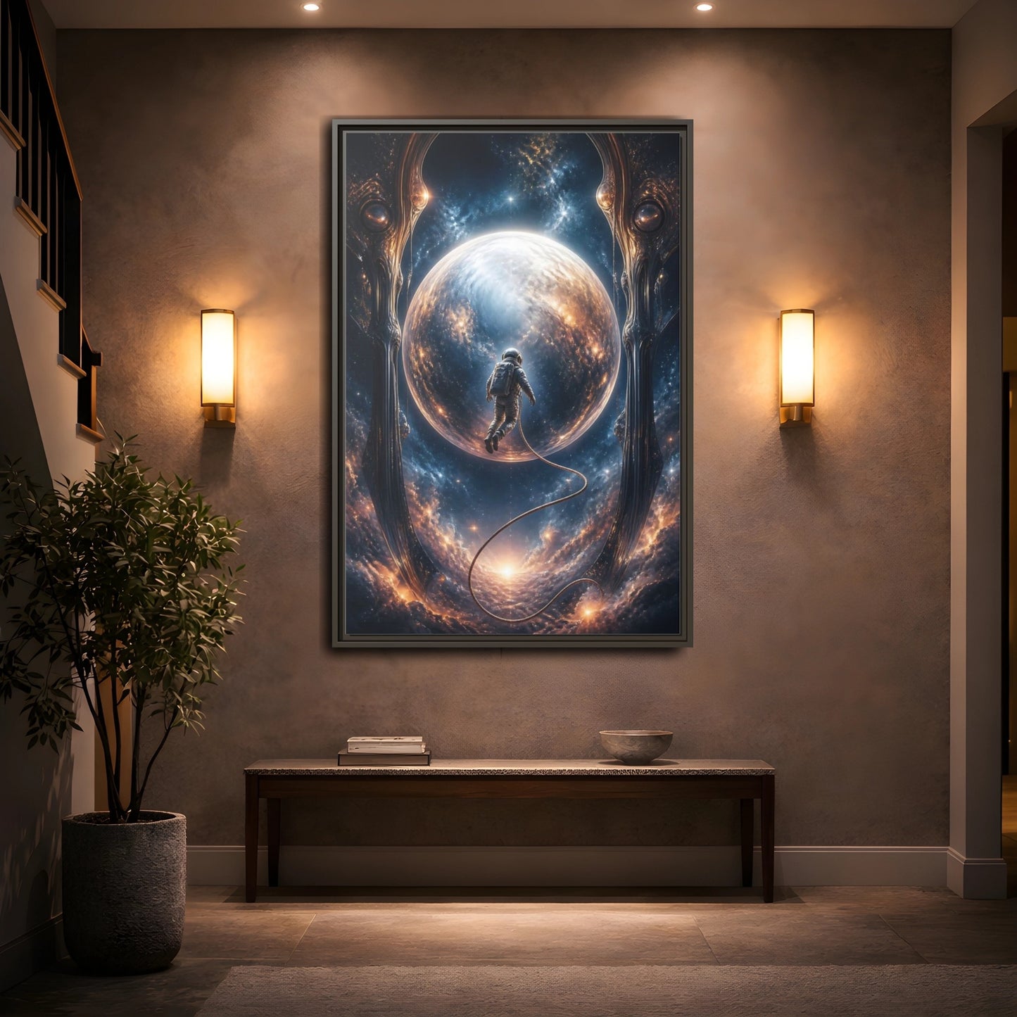 Mockup 2. Astronaut Over Luminous Planet shown as framed canvas print
