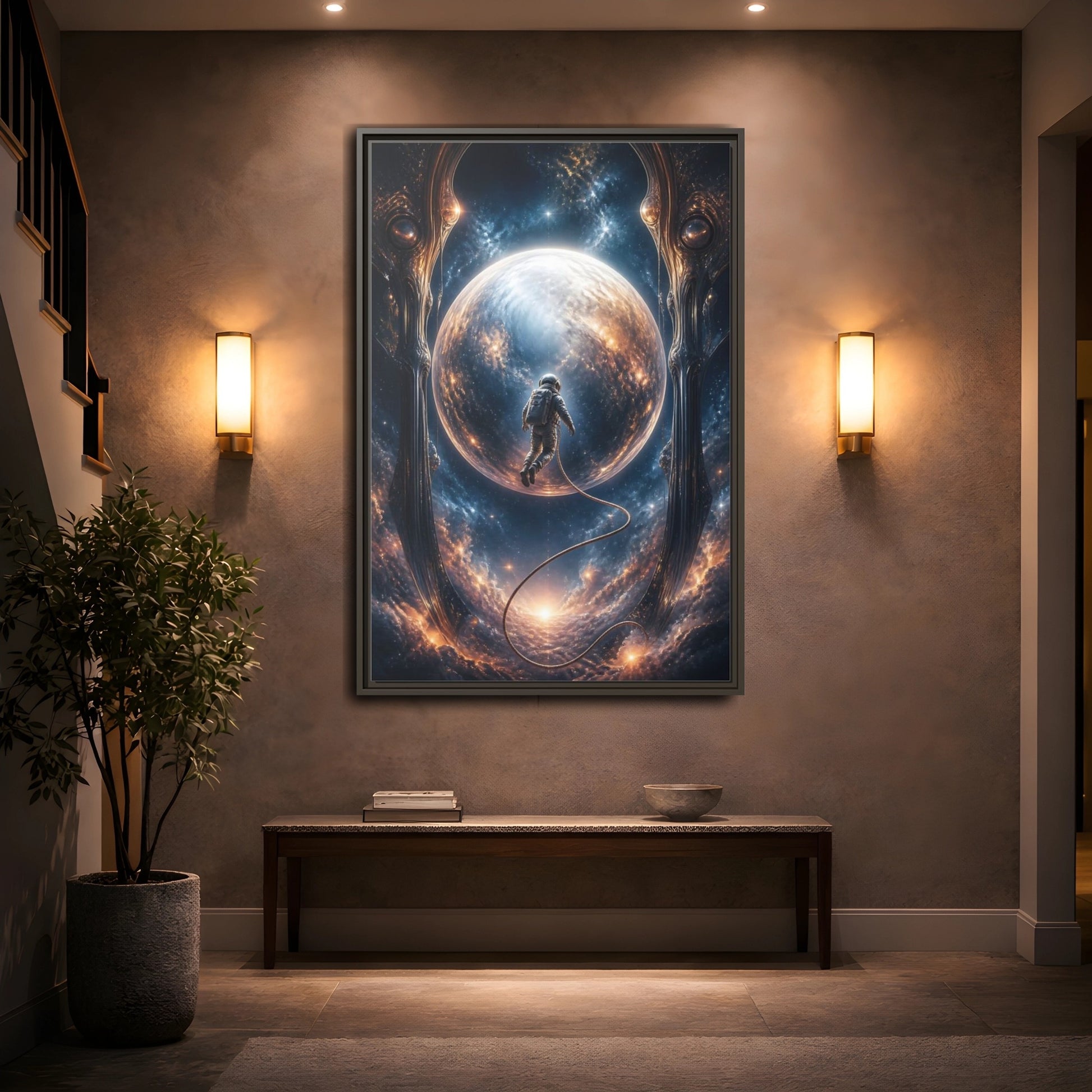 Mockup 2. Astronaut Over Luminous Planet shown as framed canvas print
