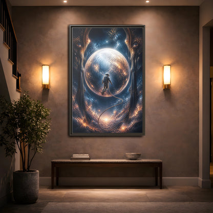 Mockup 2. Astronaut Over Luminous Planet shown as framed canvas print