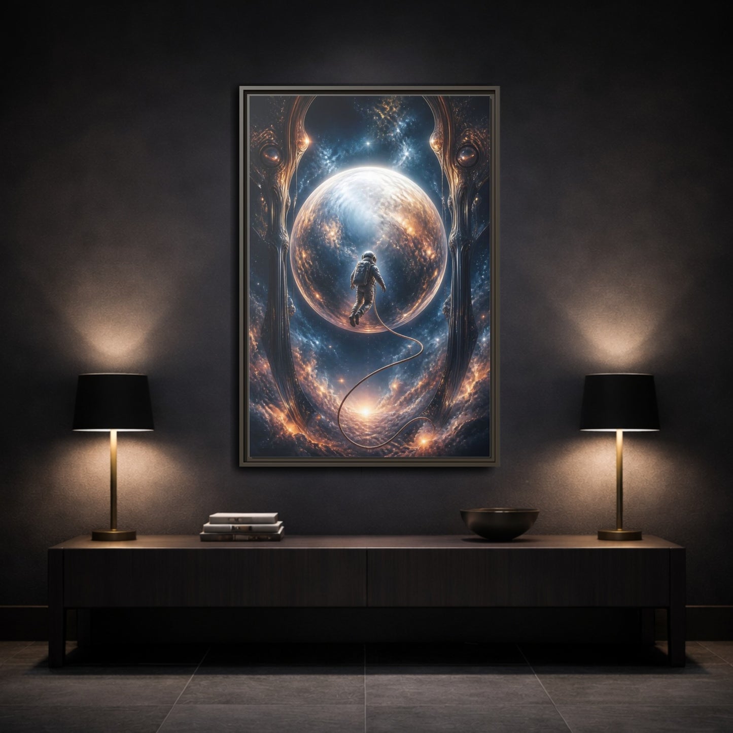 Mockup 3. Astronaut Over Luminous Planet shown as framed canvas print