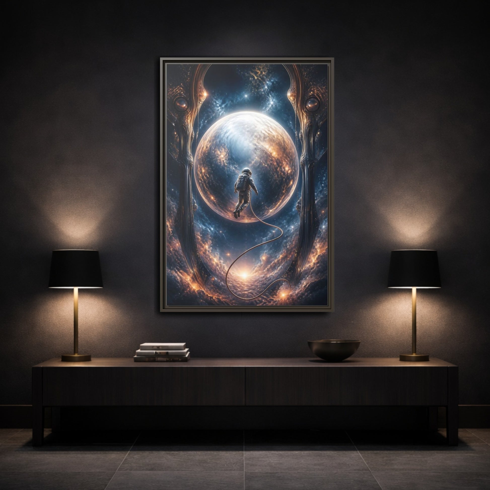 Mockup 3. Astronaut Over Luminous Planet shown as framed canvas print