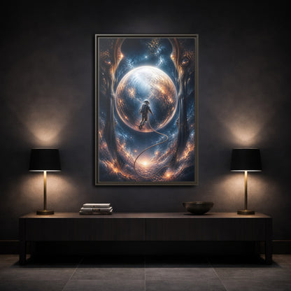 Mockup 3. Astronaut Over Luminous Planet shown as framed canvas print