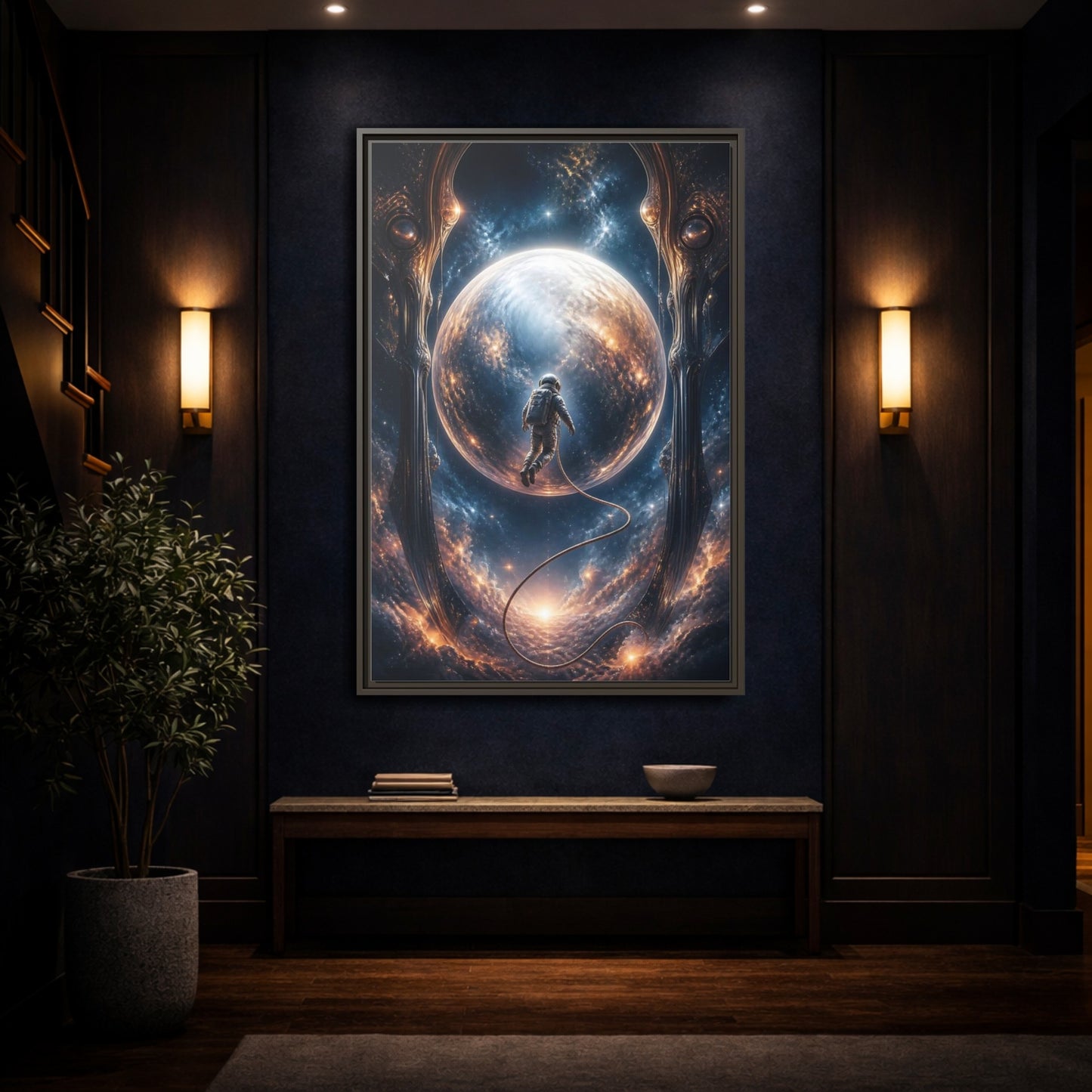 Mockup 4. Astronaut Over Luminous Planet shown as framed canvas print
