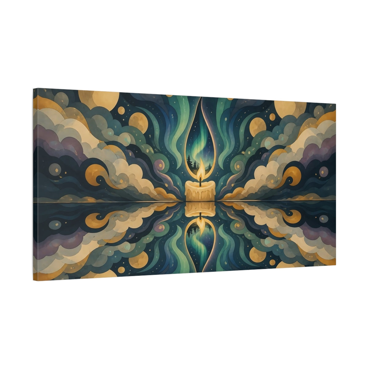 Main Mockup. Aurora Candle Nightscape shown as canvas print