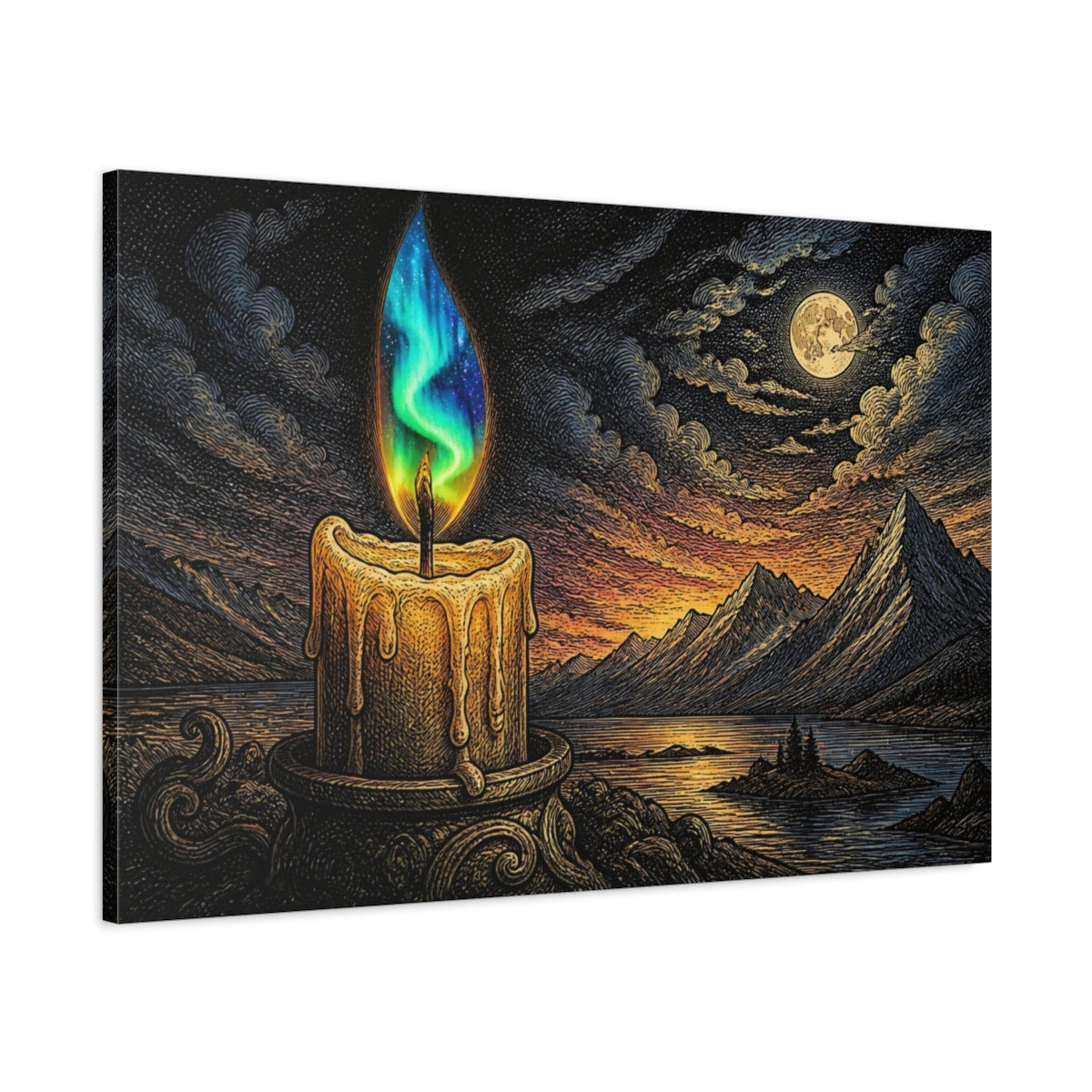 Main Mockup. Aurora Flame Over Mountains shown as canvas print