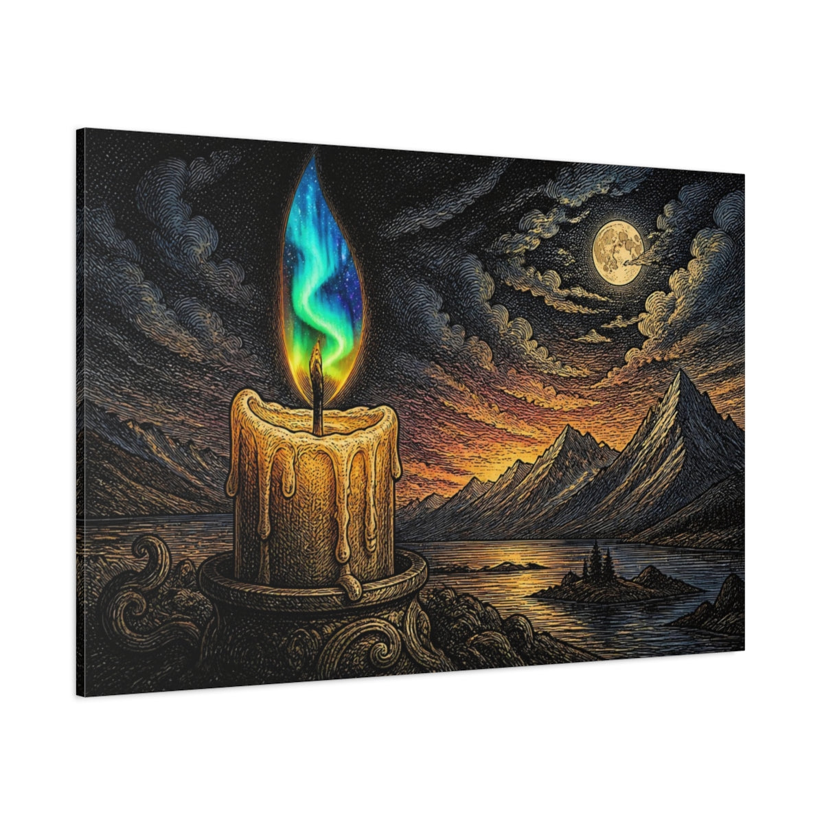 Side Mockup 1. Aurora Flame Over Mountains shown as canvas print