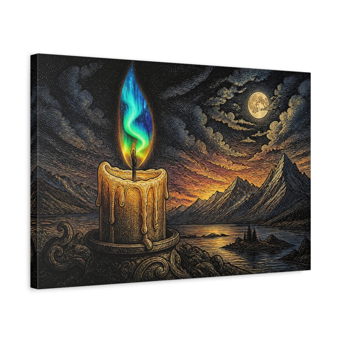 Side Mockup 3. Aurora Flame Over Mountains shown as canvas print
