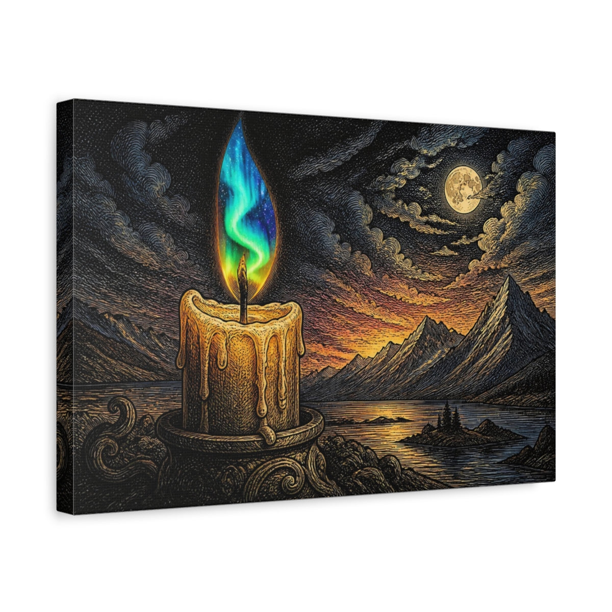Side Mockup 4. Aurora Flame Over Mountains shown as canvas print