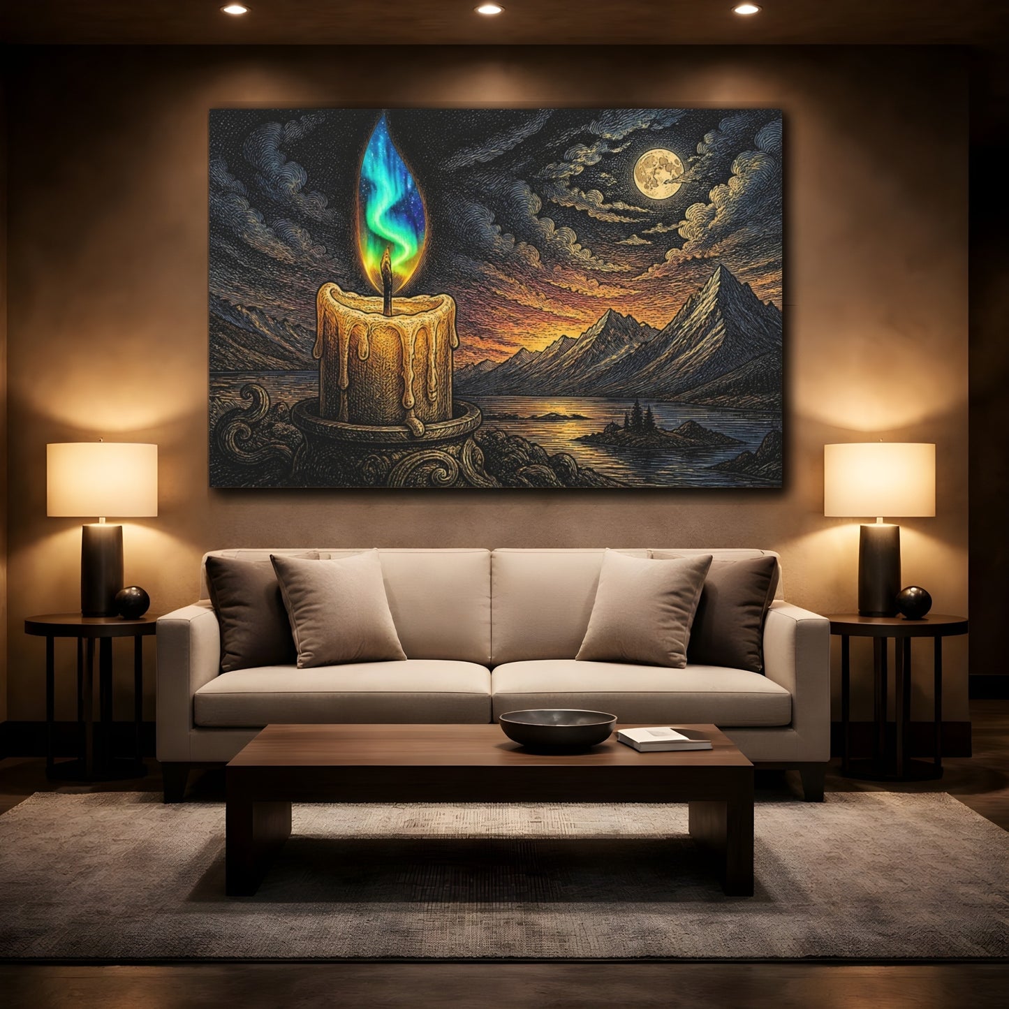 Mockup 2. Aurora Flame Over Mountains shown as canvas print