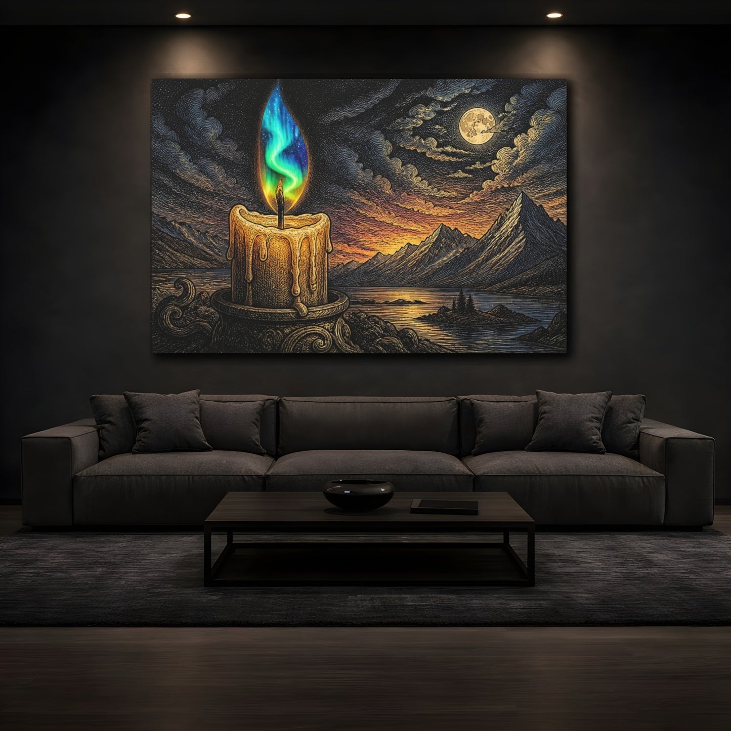 Mockup 3. Aurora Flame Over Mountains shown as canvas print