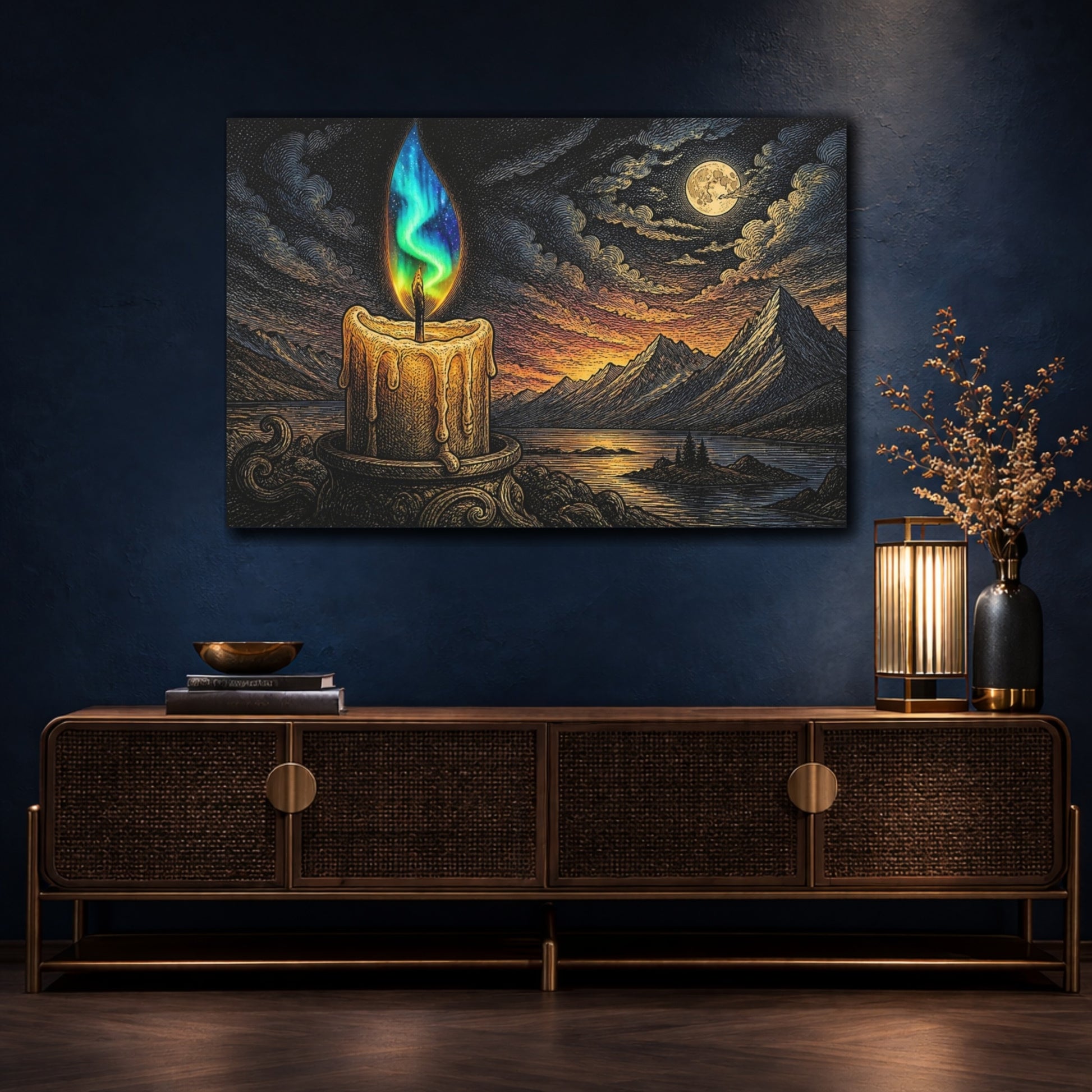 Mockup 4. Aurora Flame Over Mountains shown as canvas print