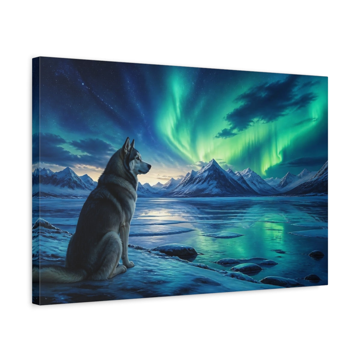 Side Mockup 3. Aurora Husky Nightscape shown as canvas print