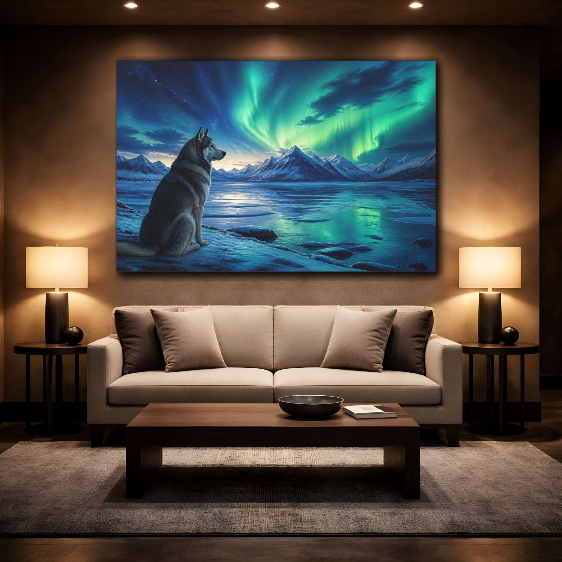Mockup 2. Aurora Husky Nightscape shown as canvas print
