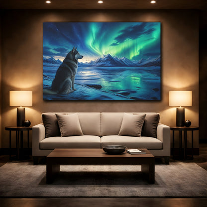 Mockup 2. Aurora Husky Nightscape shown as canvas print