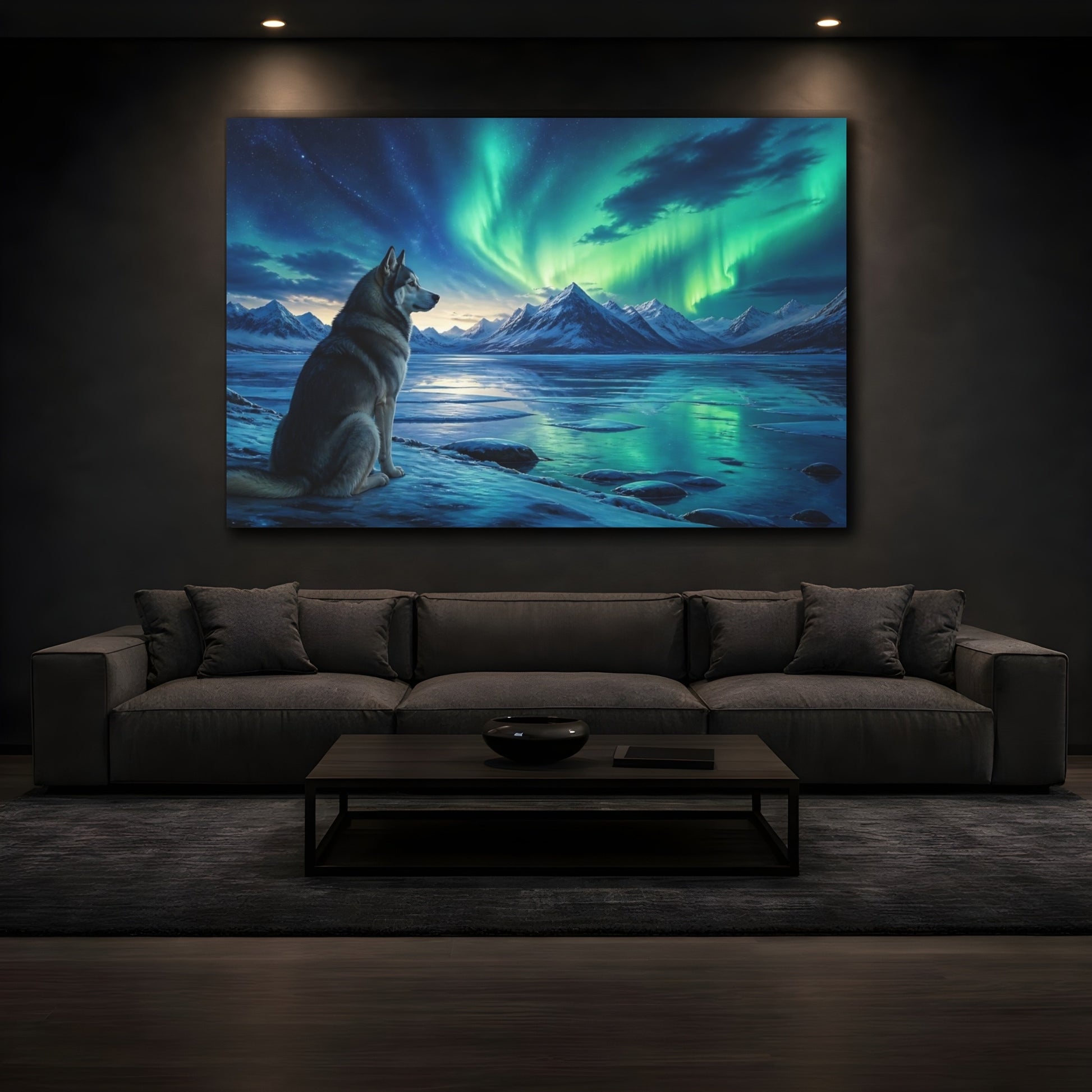 Mockup 3. Aurora Husky Nightscape shown as canvas print