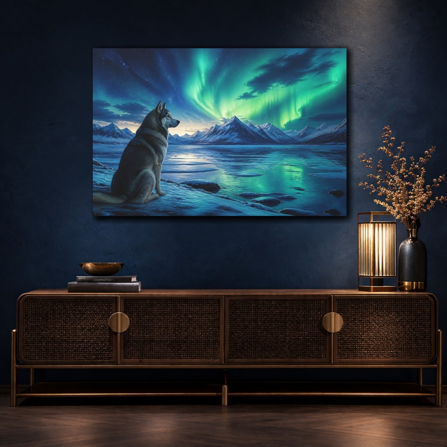 Mockup 4. Aurora Husky Nightscape shown as canvas print