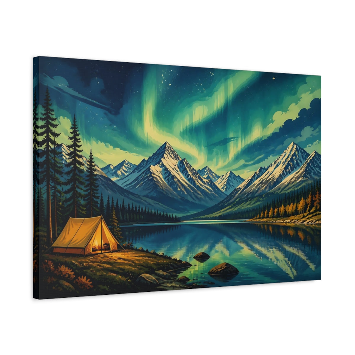 Side Mockup 2. Aurora Landscape Camp shown as canvas print
