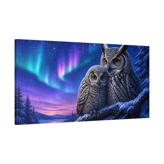 Main Mockup. Aurora Night Owls shown as canvas print