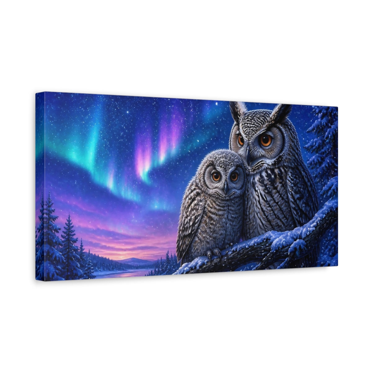 Side Mockup 3. Aurora Night Owls shown as canvas print