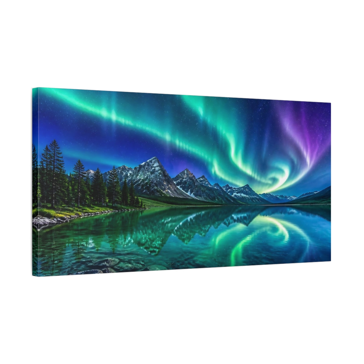 Side Mockup 1. Aurora Over Alpine Lake shown as canvas print