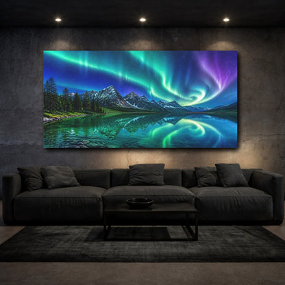Mockup 3. Aurora Over Alpine Lake shown as canvas print