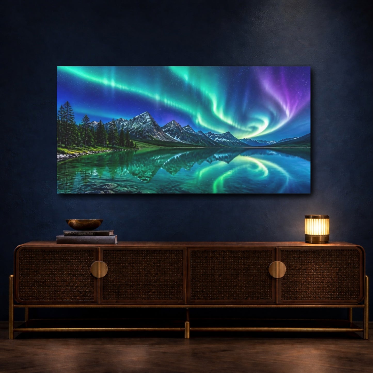 Mockup 4. Aurora Over Alpine Lake shown as canvas print