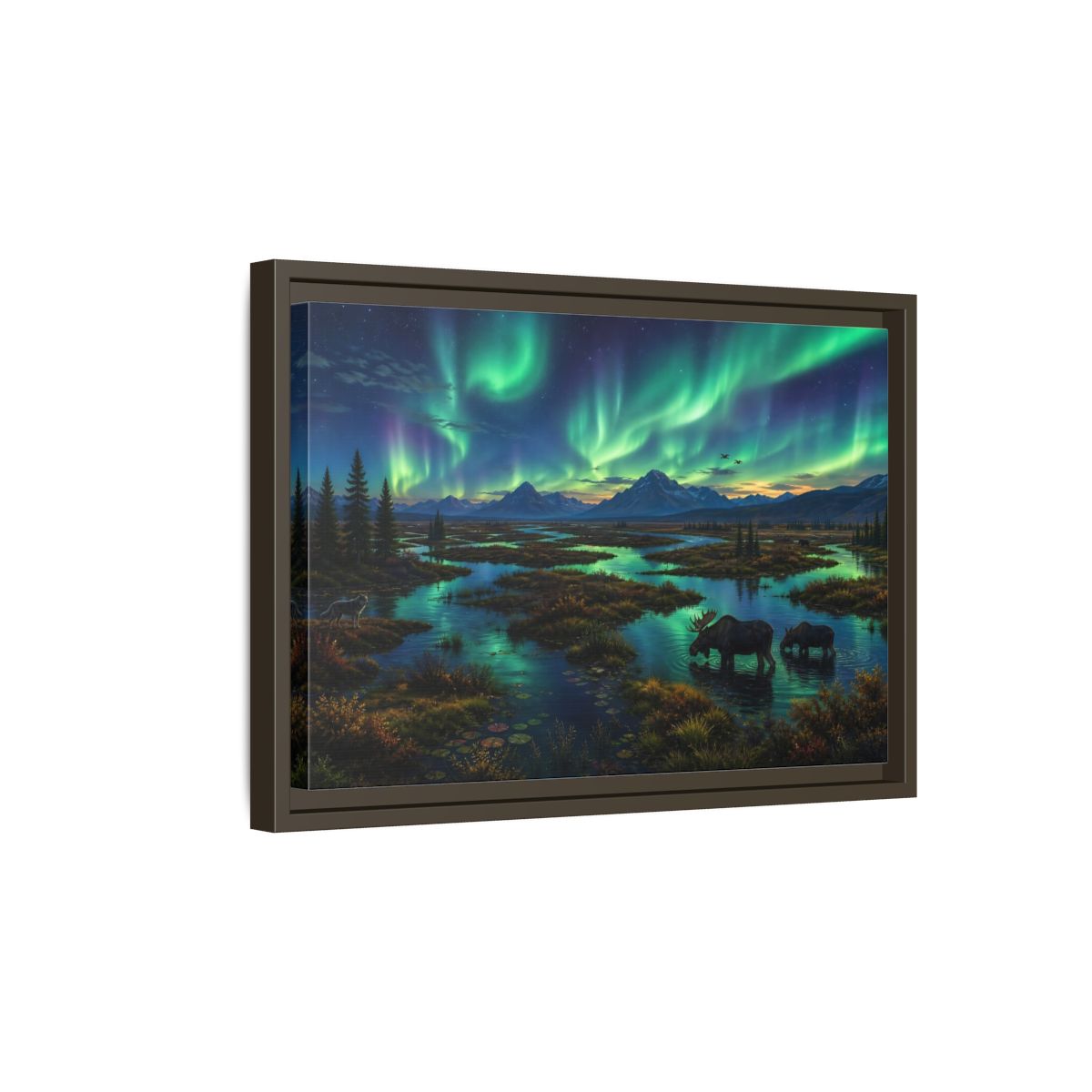 Side Mockup 5. Aurora Over Moose Marsh shown as framed canvas print