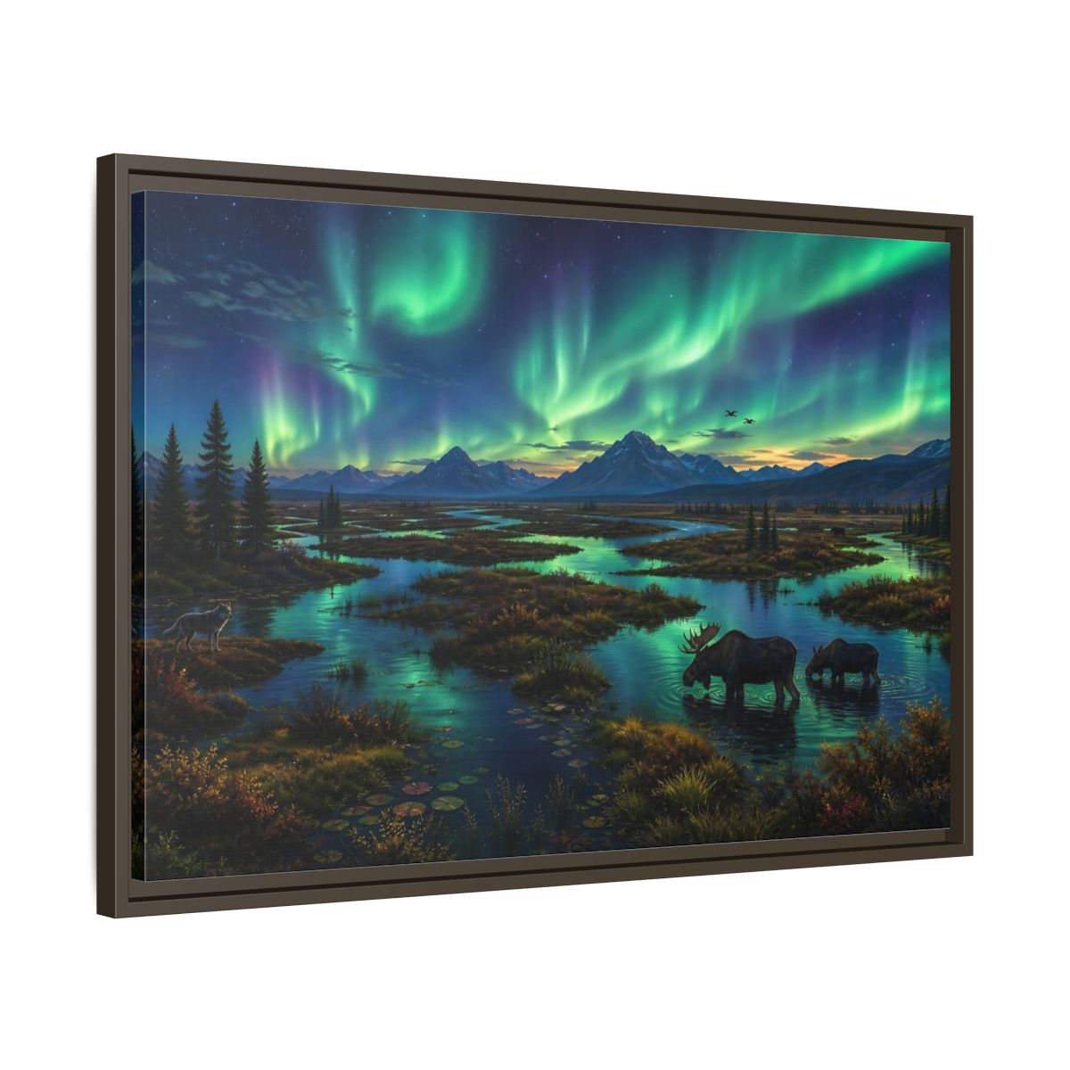 Side Mockup 11. Aurora Over Moose Marsh shown as framed canvas print