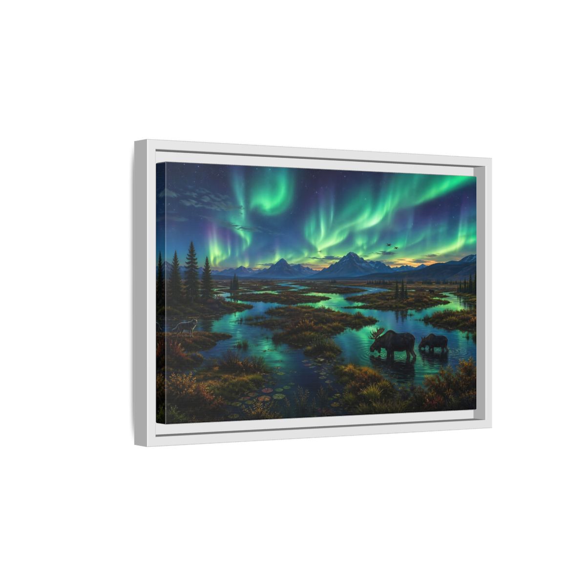 Side Mockup 4. Aurora Over Moose Marsh shown as framed canvas print