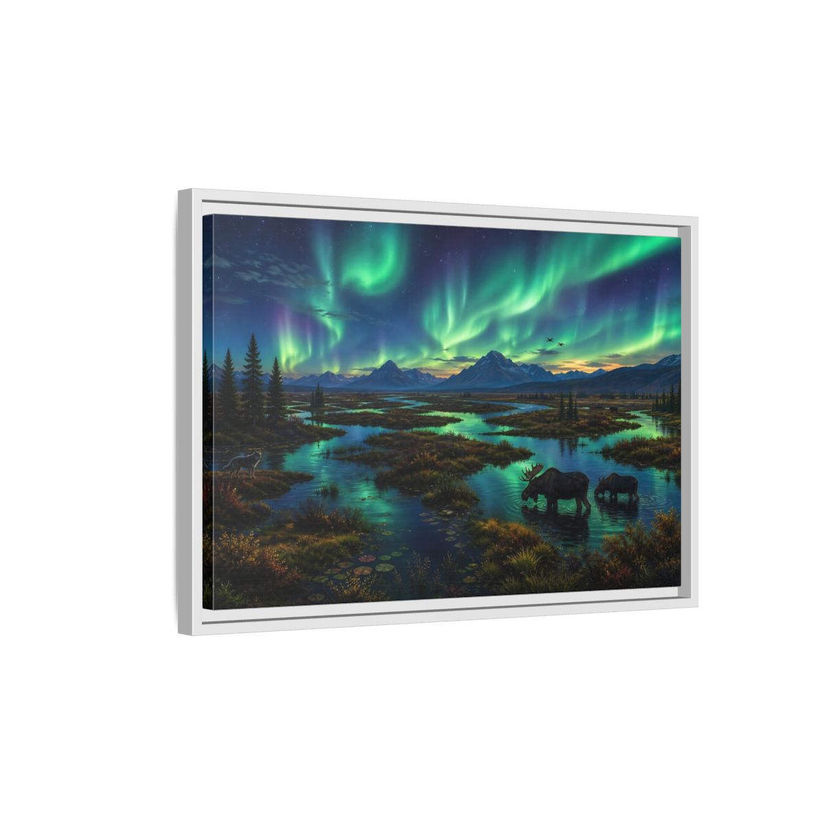 Side Mockup 1. Aurora Over Moose Marsh shown as framed canvas print