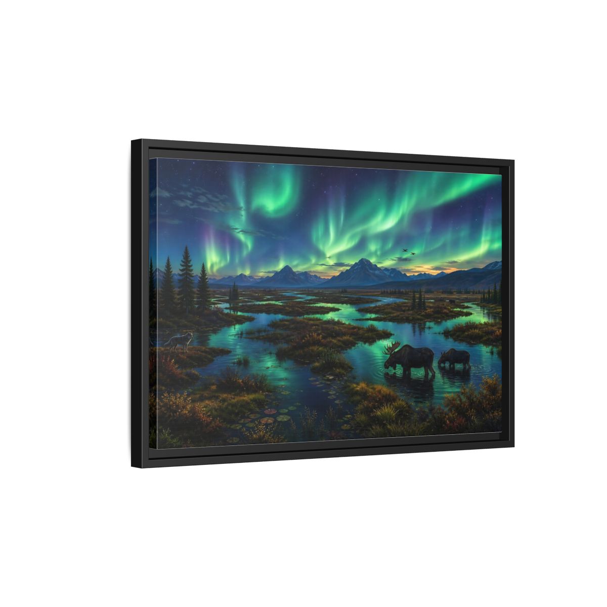 Side Mockup 3. Aurora Over Moose Marsh shown as framed canvas print