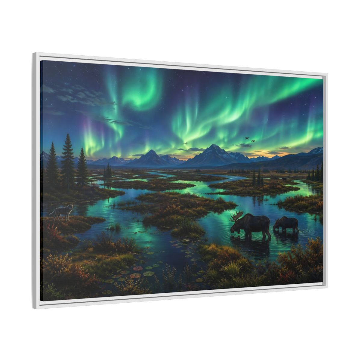 Side Mockup 7. Aurora Over Moose Marsh shown as framed canvas print
