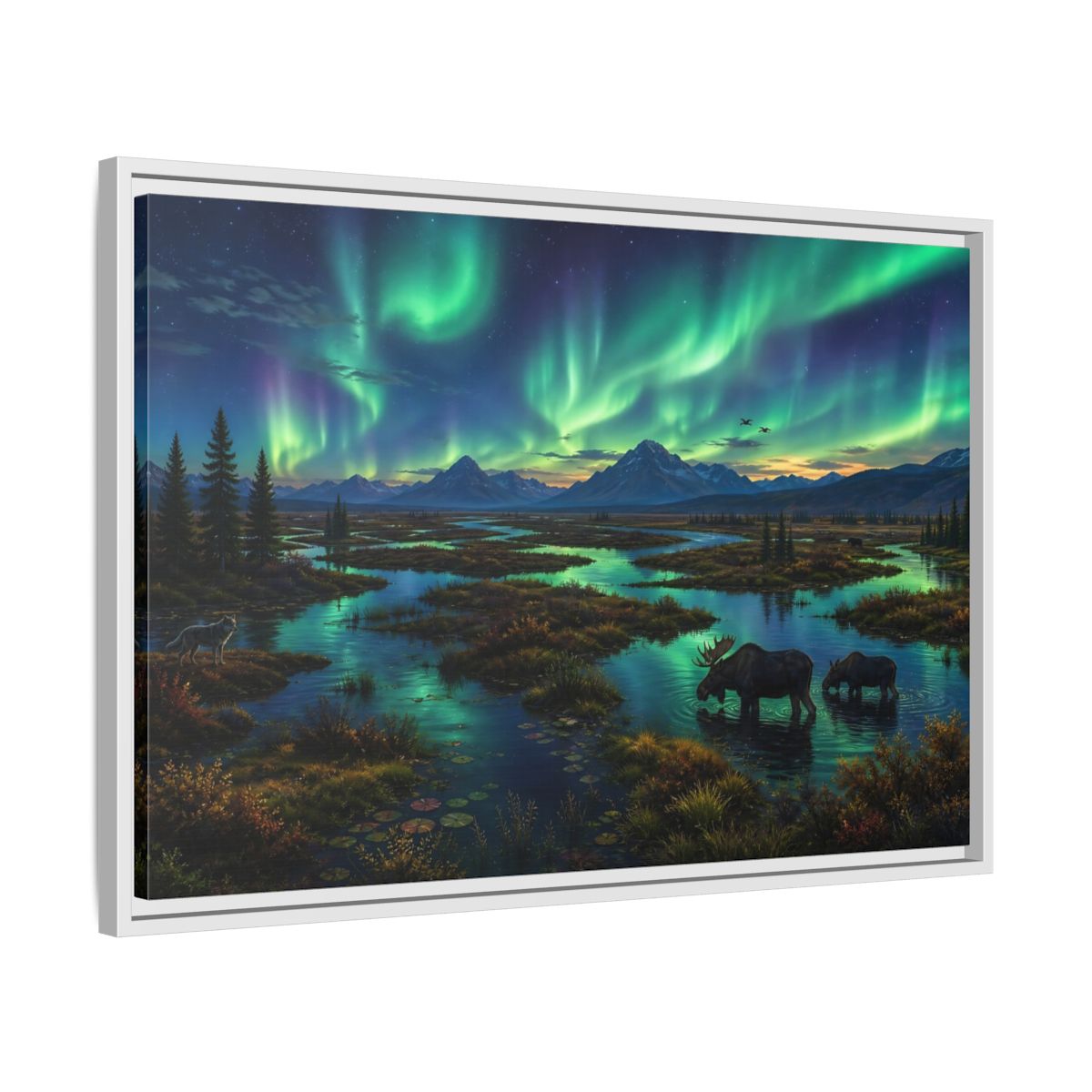 Side Mockup 10. Aurora Over Moose Marsh shown as framed canvas print